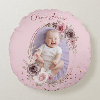 Baby Girl Photo Cute Elegant Modern Pink floral Round Pillow