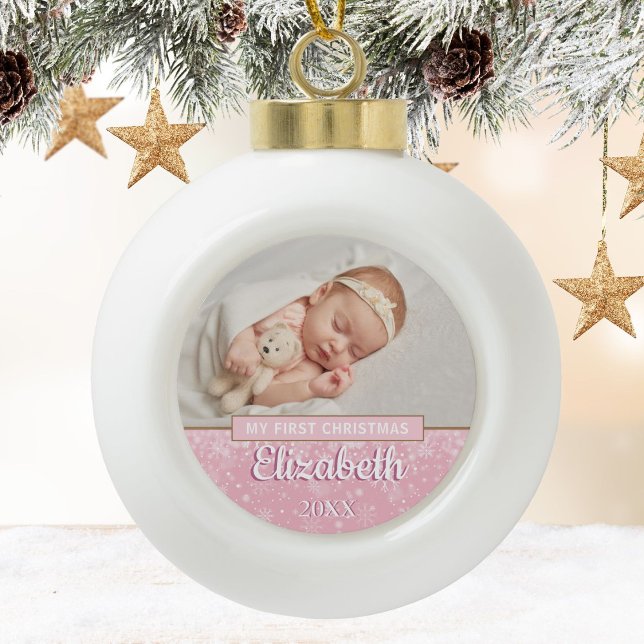 Baby Girl Photo First Christmas Script Ceramic Ball Christmas Ornament (Baby Girl Photo First Christmas Script Ceramic Ball Christmas Ornament)