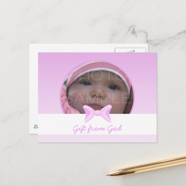 Baby girl Photo Gift from God Pink bow Bible verse Postcard (Front/Back In Situ)