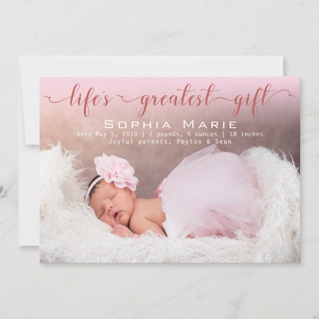 Baby Girl Photo | Modern Script | Pink Bows Birth Announcement (Front)