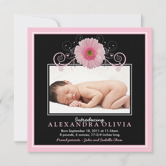 Baby Girl Photo Pink Daisy Faire-part de naissance (Devant)