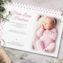 Baby Girl Photo Pink Dots Birth Announcement Card
