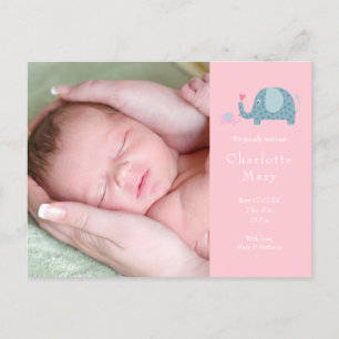 Baby Girl Photo Pink Polka Dot Elephants Birth Announcement Postcard