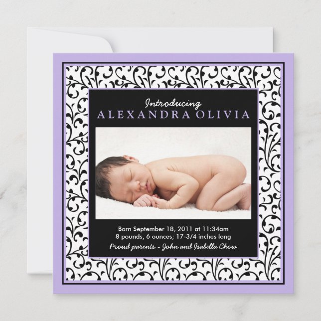 Baby Girl Photo Purple Damask Faire-part de naissa (Devant)