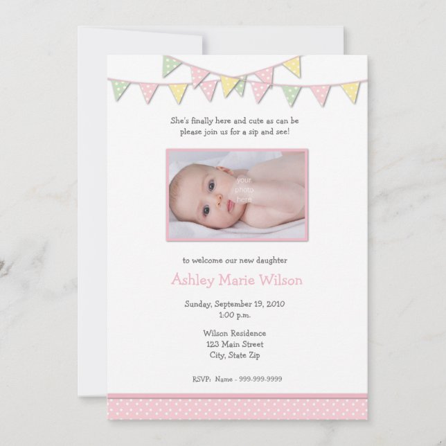 Baby Girl Photo Sip and See Invitation (Front)