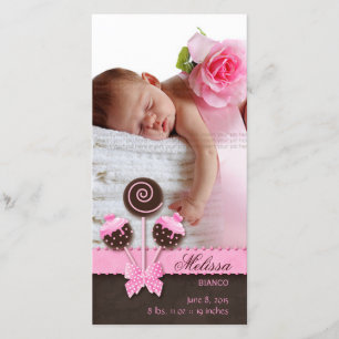 Baby Girl Photocard Faire-part Gâteau Pops rose