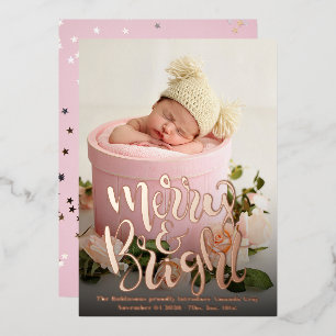 Baby girl Photos Modern Elegant Calligraphy Birth  Foil Holiday Card