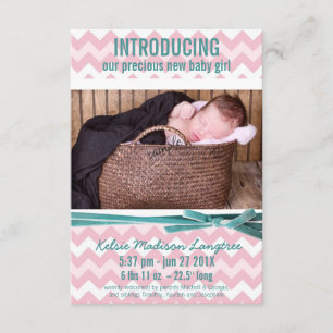 Baby Girl Pink and Teal Chevron Photo Announcement