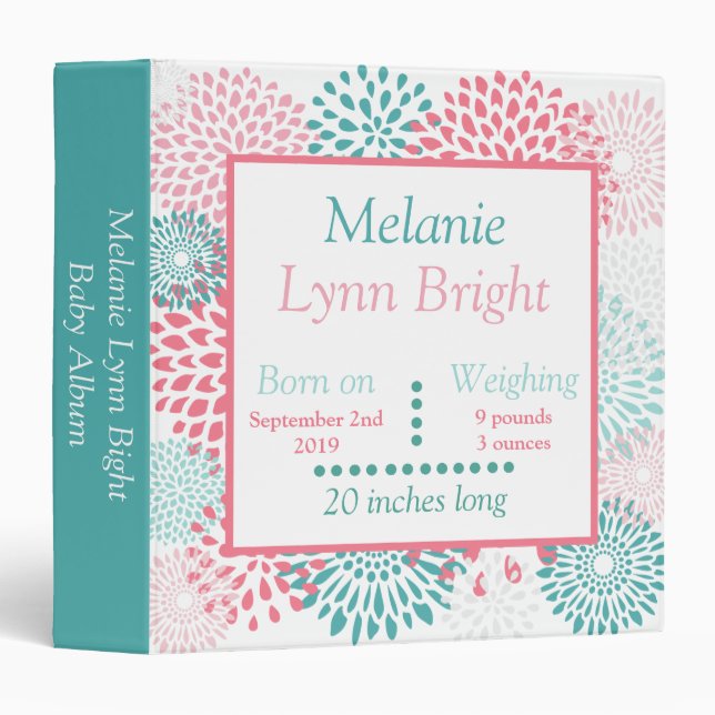 Baby Girl Pink and Teal Floral Keepsake Album Binder (Front/Spine)