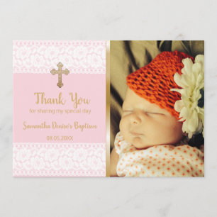 Baby Girl Pink Baptism Thank You Photo Gold Cross Card