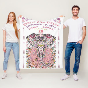 Baby Girl Pink Birth Record Stats Elephant Tribe Fleece Blanket