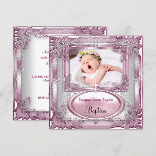 Baby Girl Pink Christening Baptism Cross White Invitation