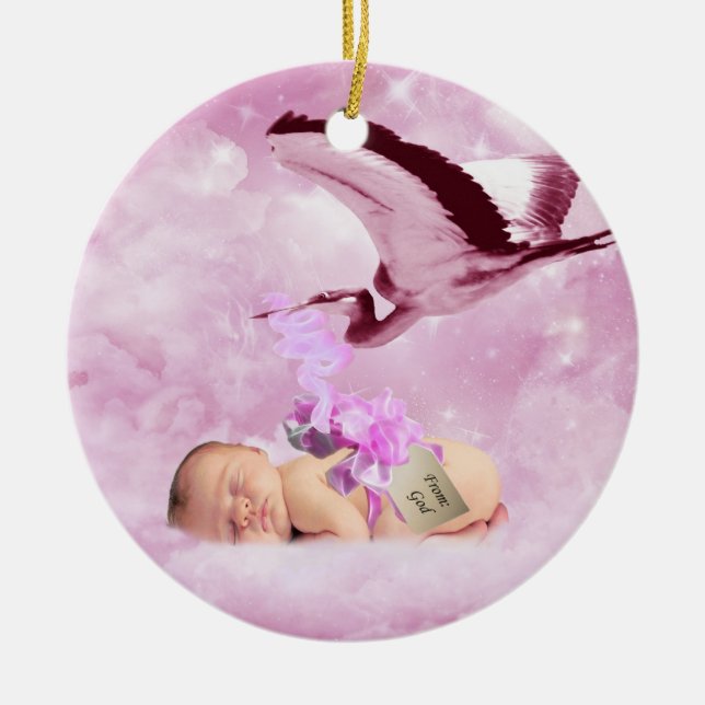 Baby girl pink clouds and stork christmas ceramic ornament (Front)