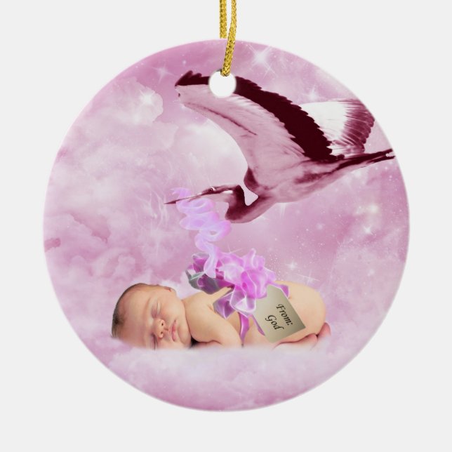 Baby girl pink clouds and stork christmas ornament (Front)