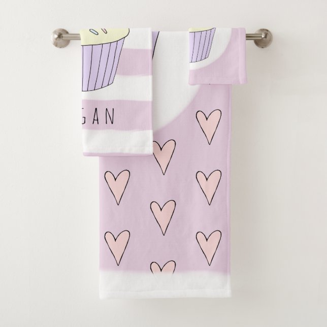 Baby Girl Pink Doodle Cupcake Heart Pattern Name Bath Towel Set (Insitu)