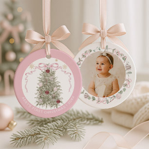 Baby Girl Pink First Christmas Photo Metal Ornament