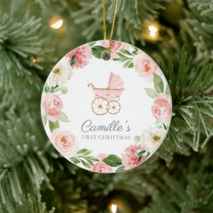 Baby Girl Pink Floral First Christmas Ornament