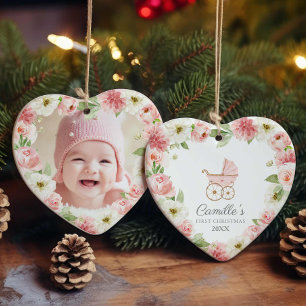 Baby Girl Pink Floral First Christmas Photo Ceramic Ornament