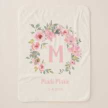 Baby Girl Pink Floral Sage Green Leaves Monogram