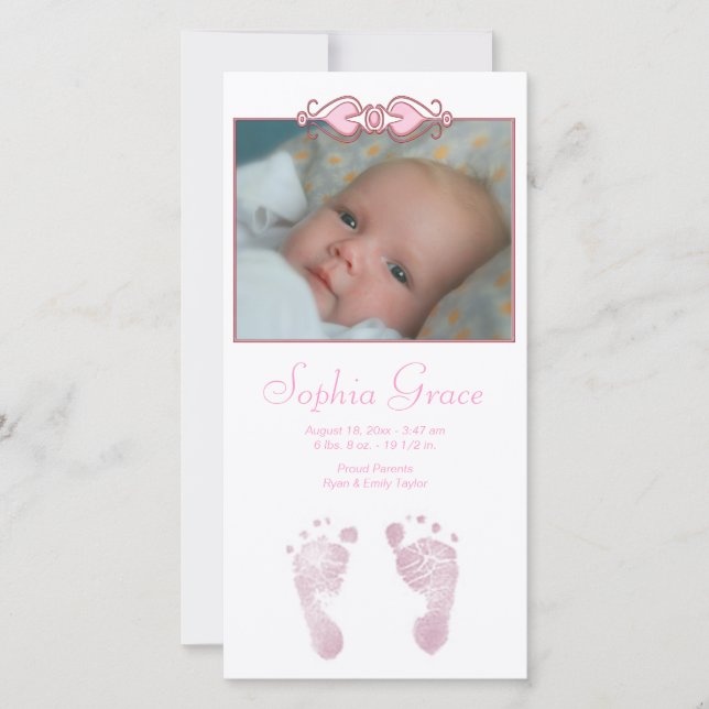 Baby Girl Pink Footprints Faire-part de naissance (Devant)
