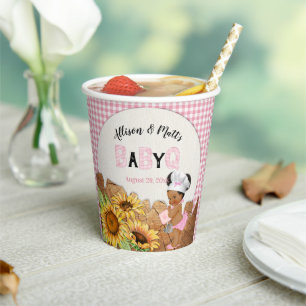 Baby Girl Pink Gingham Sunflowers Baby Q BBQ Paper Cups