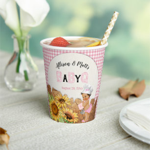 Baby Girl Pink Gingham Sunflowers Baby Q BBQ Paper Cups
