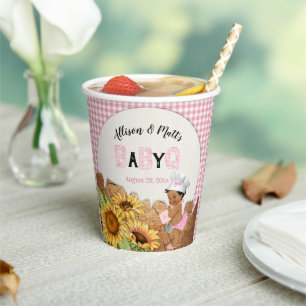 Baby Girl Pink Gingham Sunflowers Baby Q BBQ Paper Cups