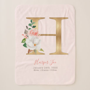 Baby Girl pink & gold birth stats - Letter H - Sherpa Blanket