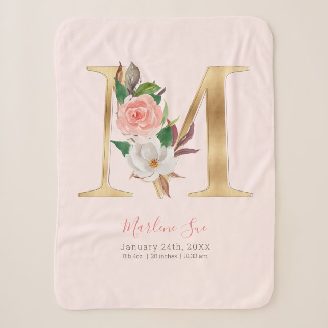 Baby Girl pink & gold birth stats - Letter M - Sherpa Blanket (Front)