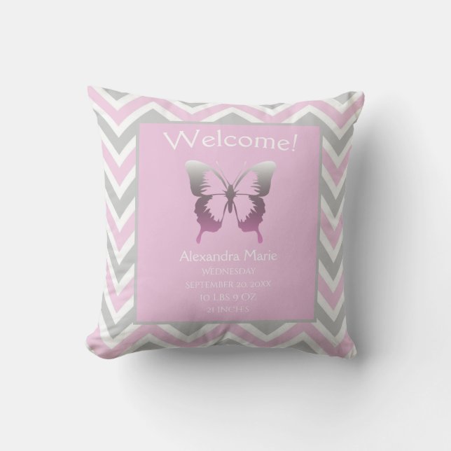 Baby Girl Pink Grey Chevron Butterfly Keepsake Throw Pillow (Front)