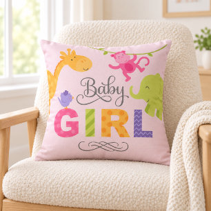 Baby Girl Pink Jungle Animals Throw Pillow