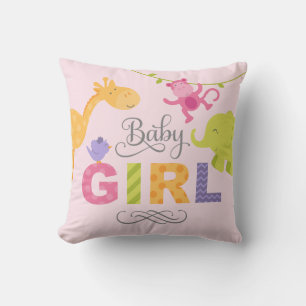 Baby Girl   Pink Jungle Animals Throw Pillow