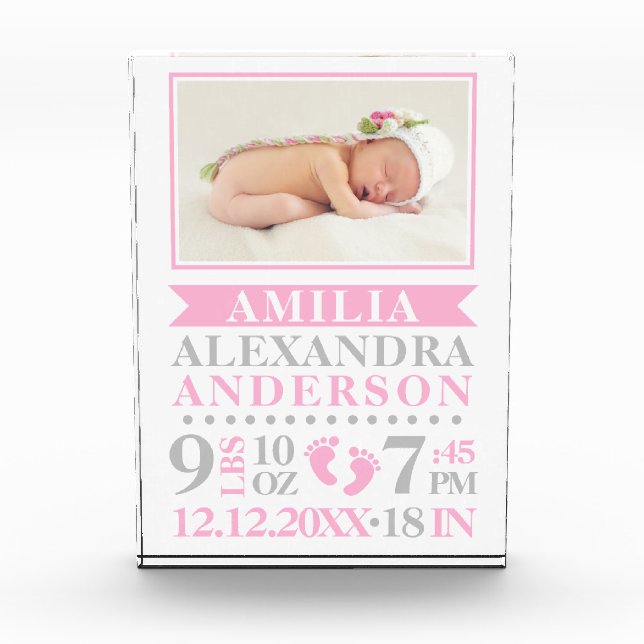 BABY Girl Pink Keepsake Name Birth Date PHOTO (Front)