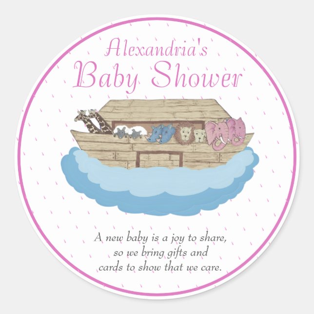 Baby Girl Pink Noah's Ark Baby Shower Invitation Classic Round Sticker (Front)