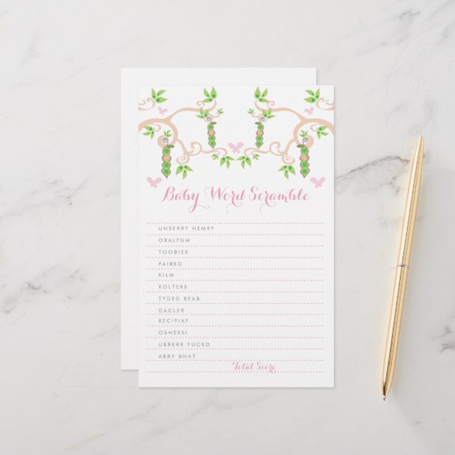 Baby Girl Pink Pea In A Pod Custom Word Scramble Stationery (Front/Back In Situ)