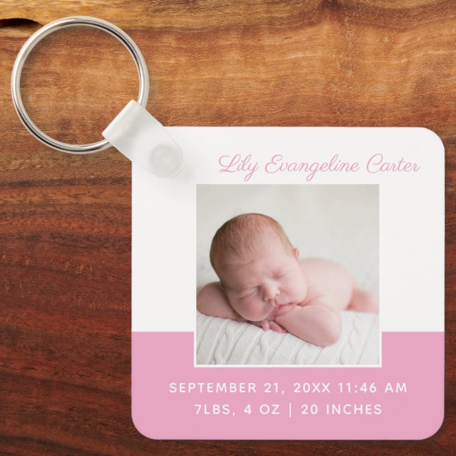 Baby Girl Pink Photo Elegant Birth Stats Keepsake Keychain (Front)