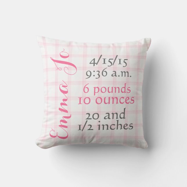 Baby Girl Pink Plaid Birth Pillow (Front)