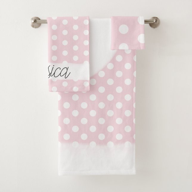 Baby Girl Pink Polka Dot Pattern Monogram Name Bath Towel Set (Insitu)