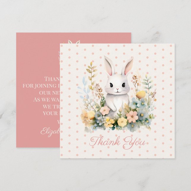Baby Girl Pink Rabbit and Flowers Baby Shower Thank You Card (Front/Back)