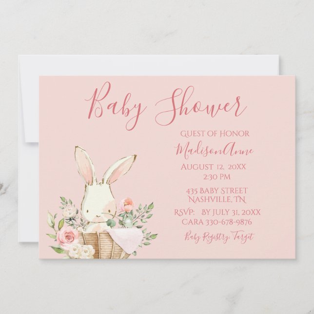 Baby Girl Pink Script Cute Elegant Bunny Baby Invitation (Front)