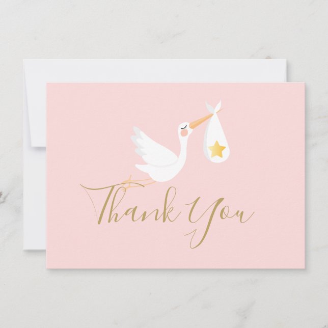 Baby Girl Pink Stork Gold Star Script Merci (Devant)