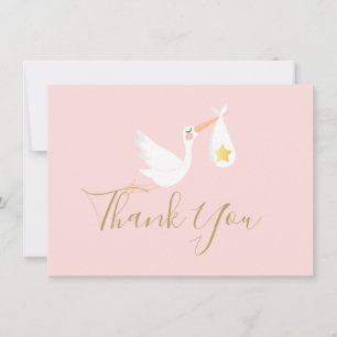 Baby Girl Pink Stork Gold Star Script Thank You Card