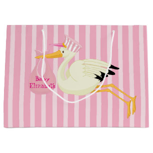 Baby Girl Pink Stripes Stork Large Gift Bag