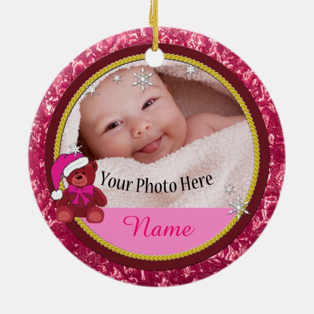 Baby Girl Pink Teddy Bear Personalized Christmas Ceramic Ornament (Back)