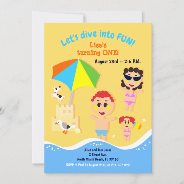 Baby girl première anniversaire plage invitation (Devant)
