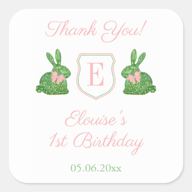 Baby Girl Preppy Bunny Monogram Thank You Favour Square Sticker (Front)