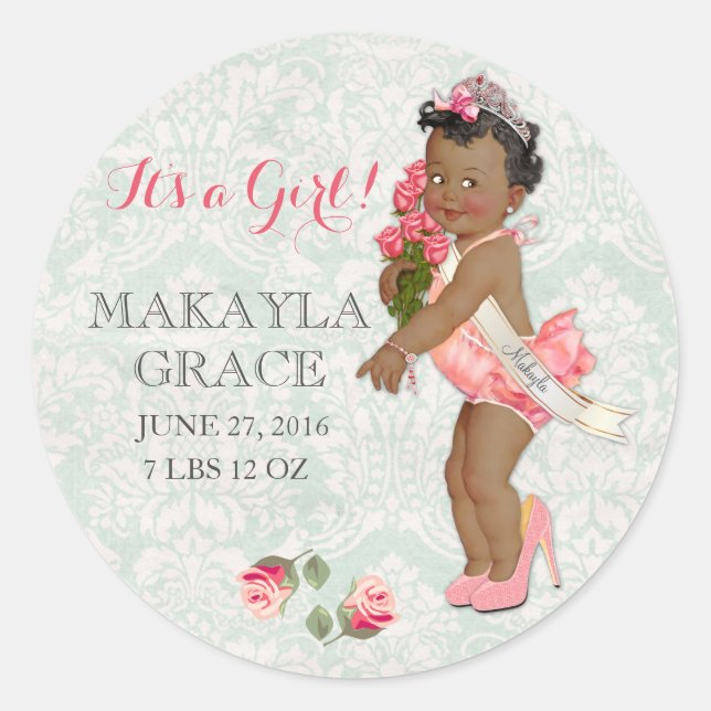 Baby Girl Princess African AmericanECustomize Name Classic Round Sticker (Front)
