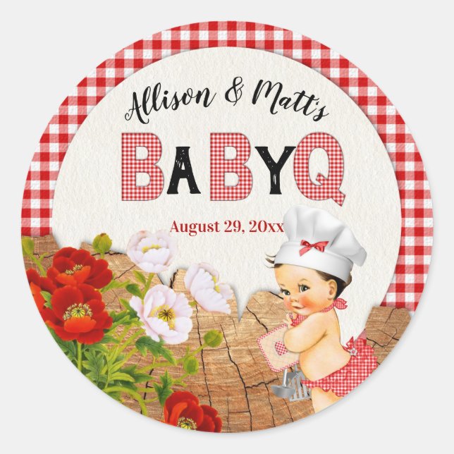 Baby Girl Red Gingham Wood Floral Baby Q BBQ Classic Round Sticker (Front)