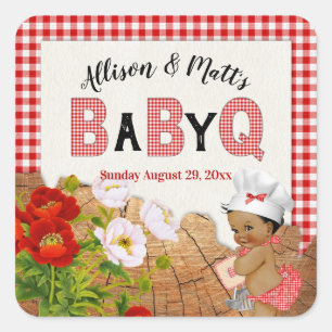 Baby Girl Red Gingham Wood Floral Baby Q BBQ Square Sticker