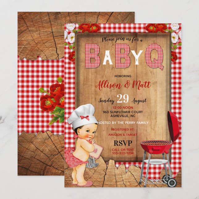 Baby Girl Red Gingham Wood Flowers Baby Q Barbecue Invitation (Front/Back)